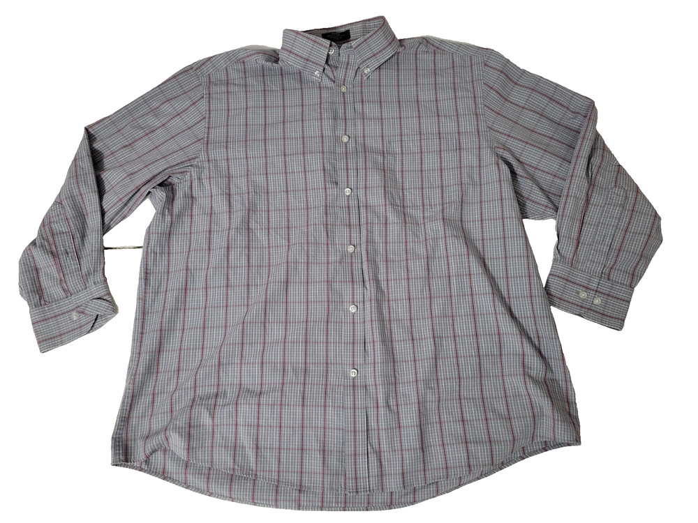 John Bartlett Statements Mens 17.5 32/33 Gray Red Plaid Long Sleeve Dress Shirt